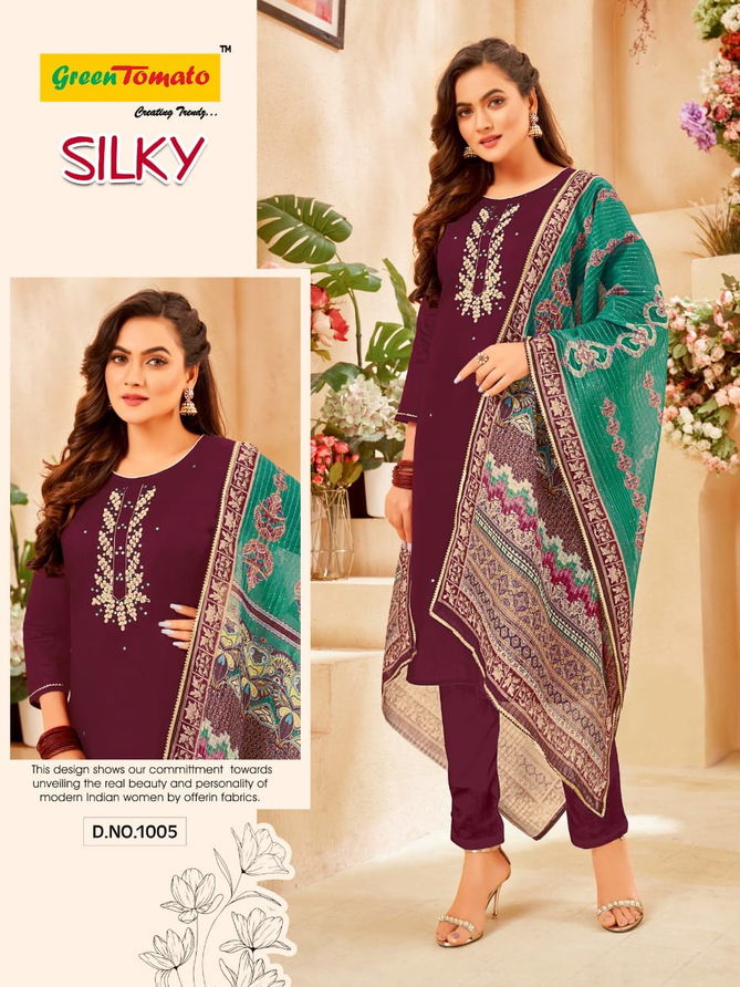 Green Tomato Silky Ethnic Wear Wholesale Readymade Suits Collection
